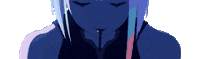 a pixel art drawing of a girl with blue hair and pink highlights