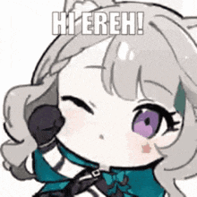 a cartoon of a girl with purple eyes talking on a phone .