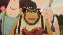 three cartoon characters are posing for a picture and one of them is holding fish