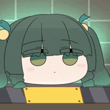 a cartoon drawing of a girl with green hair and a yellow ponytail