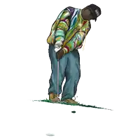 a drawing of a man playing golf with a sweater that says ' the biggie ' on it