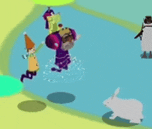 a group of cartoon characters are jumping into a body of water