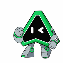 a cartoon drawing of a robot holding a green triangle with the word yes above it