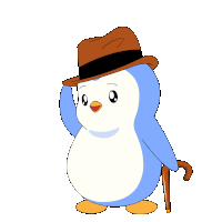 a blue and white penguin holding a top hat and cane