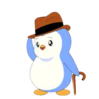 a blue and white penguin holding a top hat and cane