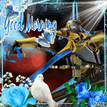 a picture that says good morning with a white bird and blue roses