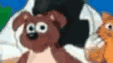 a cartoon dog with big eyes is sitting next to a cat and a squirrel .
