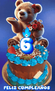 a teddy bear is holding a bouquet of flowers on top of a birthday cake with the number 6 on it