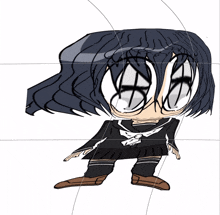 a drawing of a girl in a school uniform with a huge head