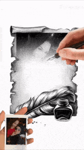 a person is drawing a picture of two women on a scroll with a feather and a bottle of ink