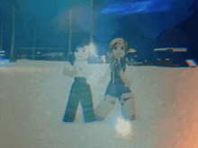 a couple of cartoon characters standing next to each other in the snow