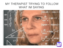 a woman 's face is surrounded by math equations with the caption " my therapist trying to follow what im saying " at the top