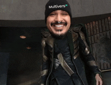 a man wearing a beanie that says multivers x on it