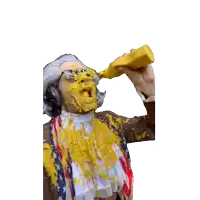 a man wearing a wig and sunglasses has yellow paint on his face