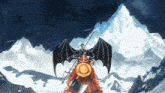 a painting of a person with wings standing in front of a snowy mountain