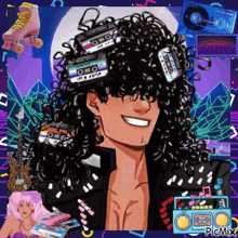 a cartoon drawing of a man with cassette tapes in his hair