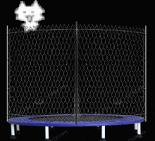 a blue trampoline is behind a chain link fence with a pixel cat flying in the background .