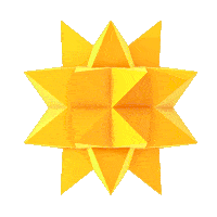 a yellow sphere with triangles surrounding it on a white background