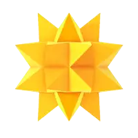 a yellow sphere with triangles surrounding it on a white background
