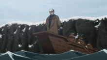a man in a brown coat is standing in a boat in the water