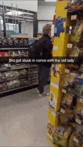 a man standing in a store with the words bro got stuck in convo with the old lady on the bottom