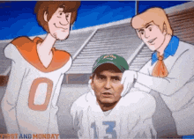 scooby doo and freddie fixing a football player 's jersey