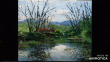a painting of a lake with trees and made in animotica