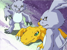 a cartoon drawing of a rabbit standing next to a dinosaur