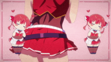 a girl in a red dress is standing next to another girl in a red dress