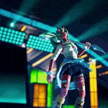 a video game character holding a sword and a guitar