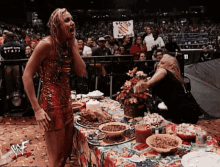 Pie In The Face Trish Stratus GIF - Pie In The Face Trish Stratus Stacy Keibler GIFs