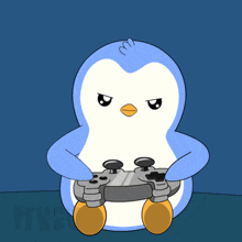 a cartoon of a penguin holding a video game controller with pew written around him