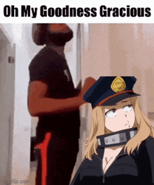 a man and a woman are standing next to each other and the woman is wearing a police hat