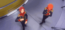 two anime characters standing next to each other in a room