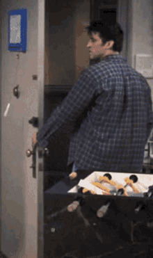 a man in a plaid shirt is standing in front of a door with a picture on it