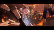 a girl with pink hair is standing in front of a building on fire
