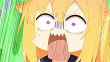 a close up of a girl 's face with a surprised look on her face