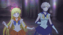 a couple of anime characters are standing next to each other .