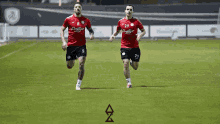 two soccer players are running on a field and one has the number 29 on his jersey