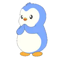 a blue and white penguin with red heart shaped glasses