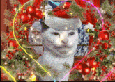 a white cat wearing a santa hat in front of a christmas tree