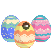 three colorful easter eggs with a play button on one