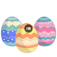three colorful easter eggs with a play button on one