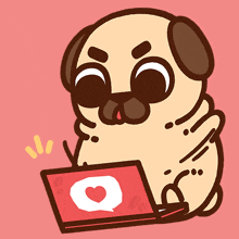 a pug dog is holding a red laptop with a heart on the screen