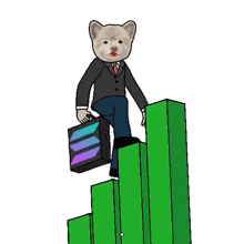 a cat in a suit and tie is sitting on top of a green bar graph
