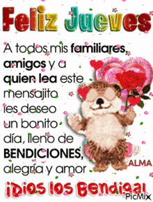 a picture of a teddy bear with a rose in its mouth and the words feliz jueves