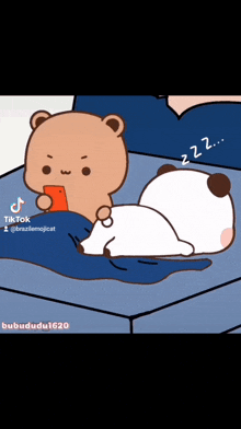 a cartoon of a panda sleeping next to a bear holding a cell phone