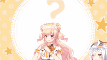 a girl with pink hair is standing in front of a white circle with stars on it
