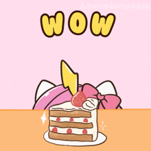 a drawing of a unicorn with a bow on her head and a cake with strawberries on it