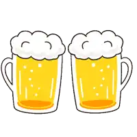 two mugs of beer are toasting each other with foam and stars coming out of them .
